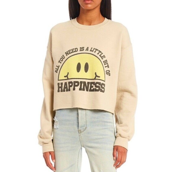 Junk Food Cropped Sweatshirt All You Need Is A Little Bit‎ Of Happiness Beige SM - Picture 1 of 14